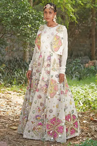 Off white embroidered silk blend indo western Jacket Gown
