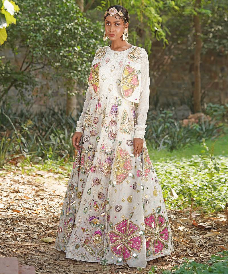 Off white embroidered silk blend indo western Jacket Gown