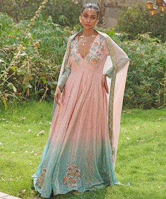 Blush pink embroidered georgette indo western gown 2
