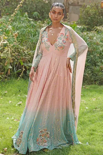 Blush pink embroidered georgette indo western gown