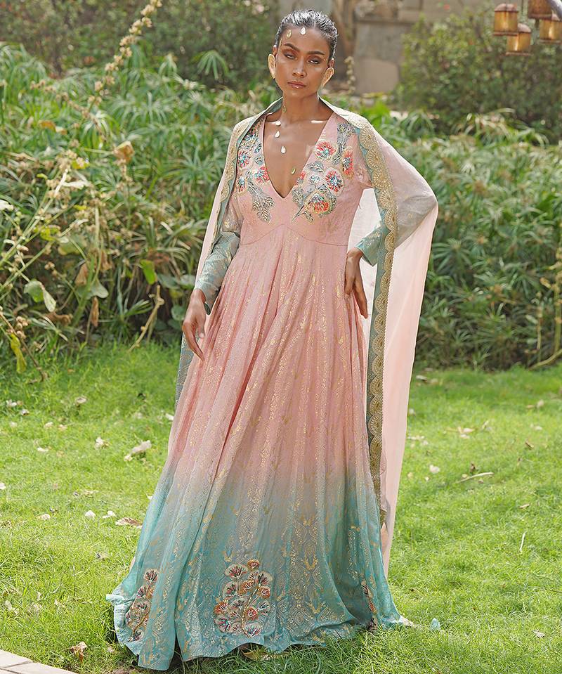 Blush pink embroidered georgette indo western gown