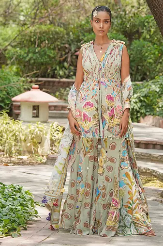 Sage green embroidered georgette sharara set