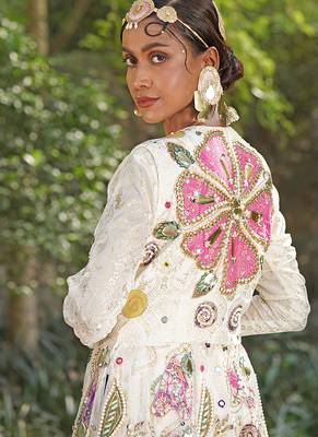 Off white embroidered silk blend indo western Jacket Gown 3