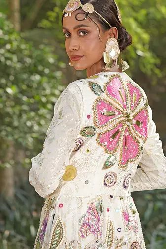 Off white embroidered silk blend indo western Jacket Gown