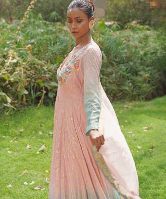 Blush pink embroidered georgette indo western gown 3