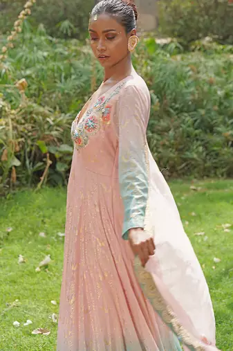 Blush pink embroidered georgette indo western gown