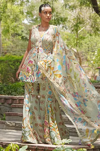 Sage green embroidered georgette sharara set