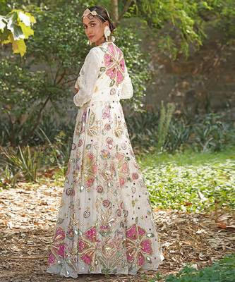Off white embroidered silk blend indo western Jacket Gown 4