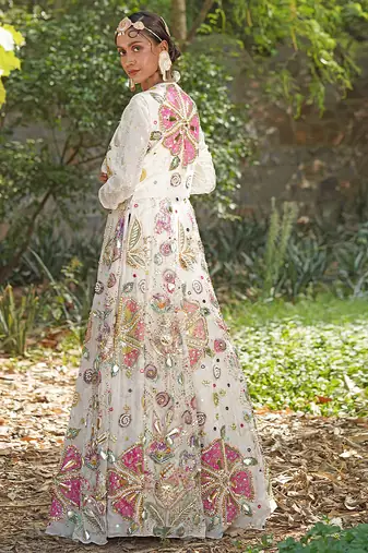 Off white embroidered silk blend indo western Jacket Gown