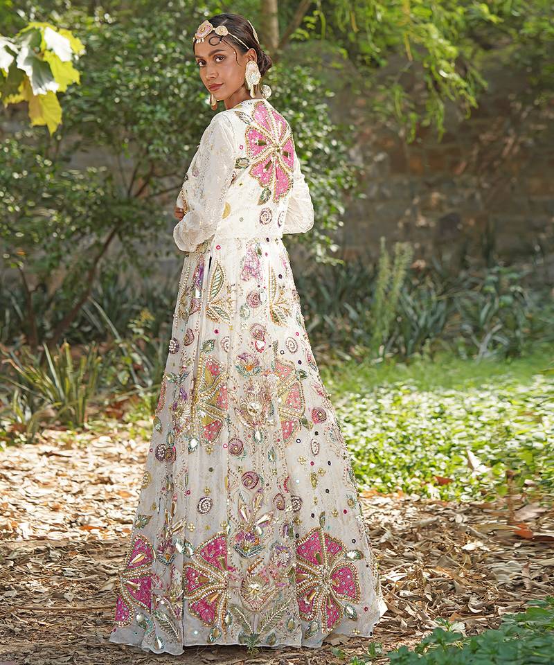 Off white embroidered silk blend indo western Jacket Gown