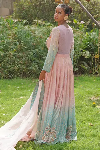 Blush pink embroidered georgette indo western gown
