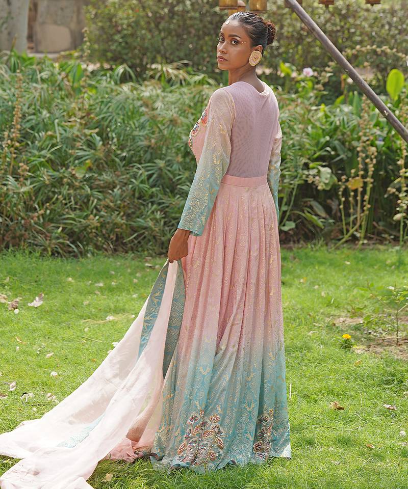 Blush pink embroidered georgette indo western gown