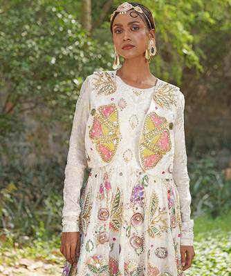 Off white embroidered silk blend indo western Jacket Gown 5