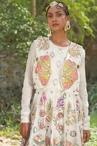 Off white embroidered silk blend indo western Jacket Gown