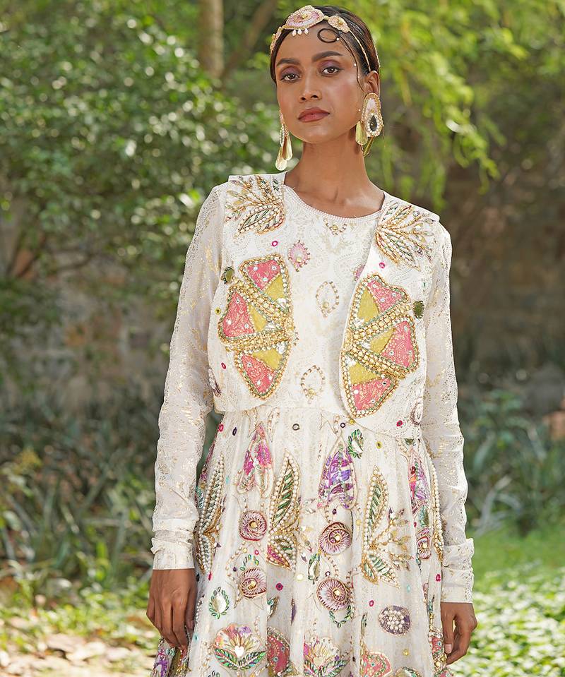 Off white embroidered silk blend indo western Jacket Gown