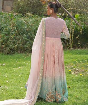 Blush pink embroidered georgette indo western gown 5