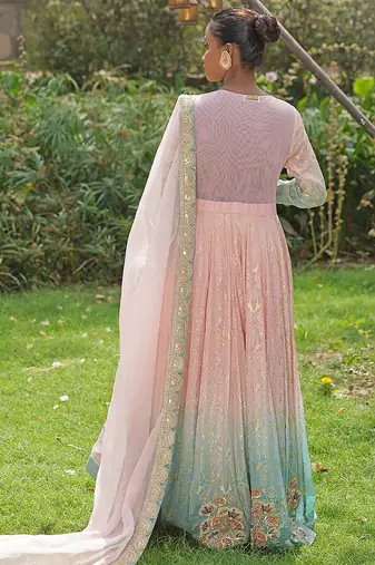 Blush pink embroidered georgette indo western gown