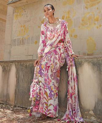 Off white printed georgette drape saree set 1