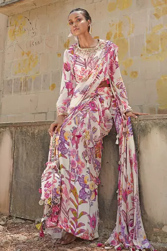 Off white printed georgette drape saree set