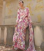 Off white printed georgette drape saree set