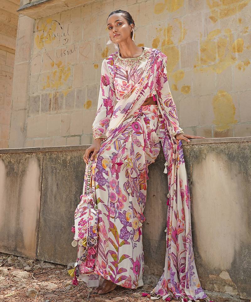 Off white printed georgette drape saree set