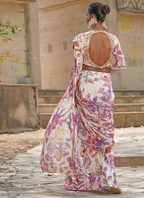 Off white printed georgette drape saree set 3