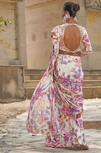 Off white printed georgette drape saree set