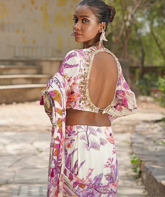 Off white printed georgette drape saree set 4