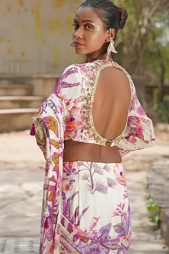 Off white printed georgette drape saree set