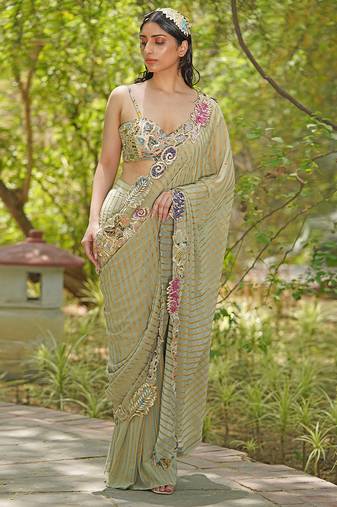 Sage green embroidered georgette drape saree set