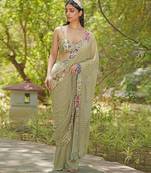 Sage green embroidered georgette drape saree set