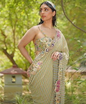 Sage green embroidered georgette drape saree set 2