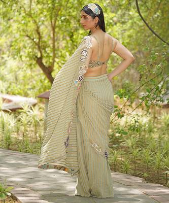 Sage green embroidered georgette drape saree set 3
