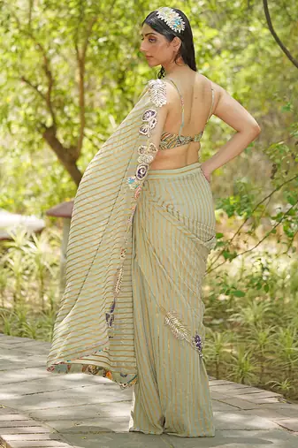 Sage green embroidered georgette drape saree set