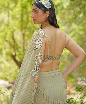 Sage green embroidered georgette drape saree set 4