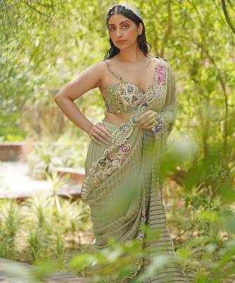 Sage green embroidered georgette drape saree set 5