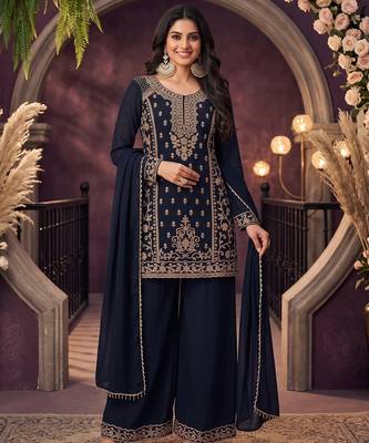 Navy blue chinon beads work kurti palazzo dupatta set 1