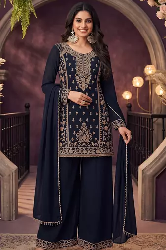 Navy blue chinon beads work kurti palazzo dupatta set