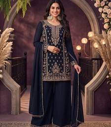 Navy blue chinon beads work kurti palazzo dupatta set