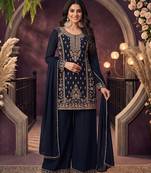 Navy blue chinon beads work kurti palazzo dupatta set