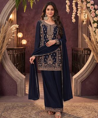 Navy blue chinon beads work kurti palazzo dupatta set 2
