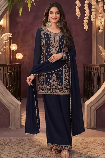 Navy blue chinon beads work kurti palazzo dupatta set