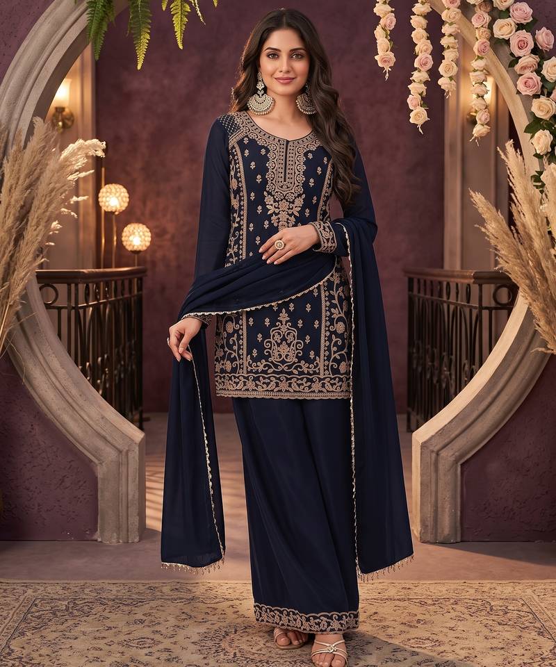 Navy blue chinon beads work kurti palazzo dupatta set