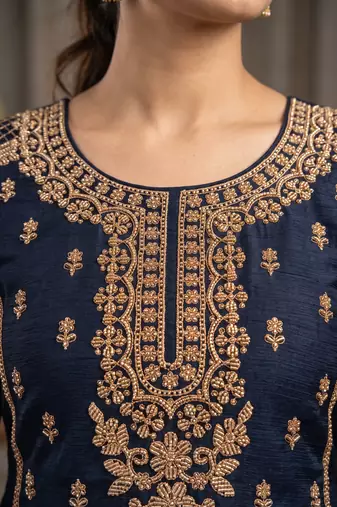 Navy blue chinon beads work kurti palazzo dupatta set