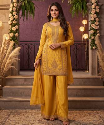 Yellow chinon beads work kurti palazzo dupatta set 1