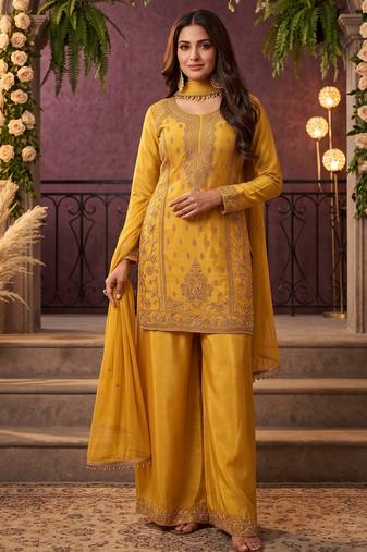 Yellow chinon beads work kurti palazzo dupatta set