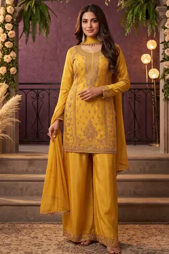 Yellow chinon beads work kurti palazzo dupatta set