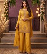 Yellow chinon beads work kurti palazzo dupatta set