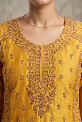 Yellow chinon beads work kurti palazzo dupatta set 2