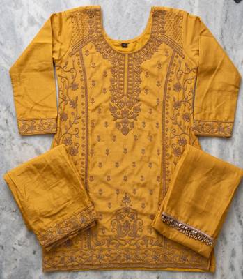 Yellow chinon beads work kurti palazzo dupatta set 3